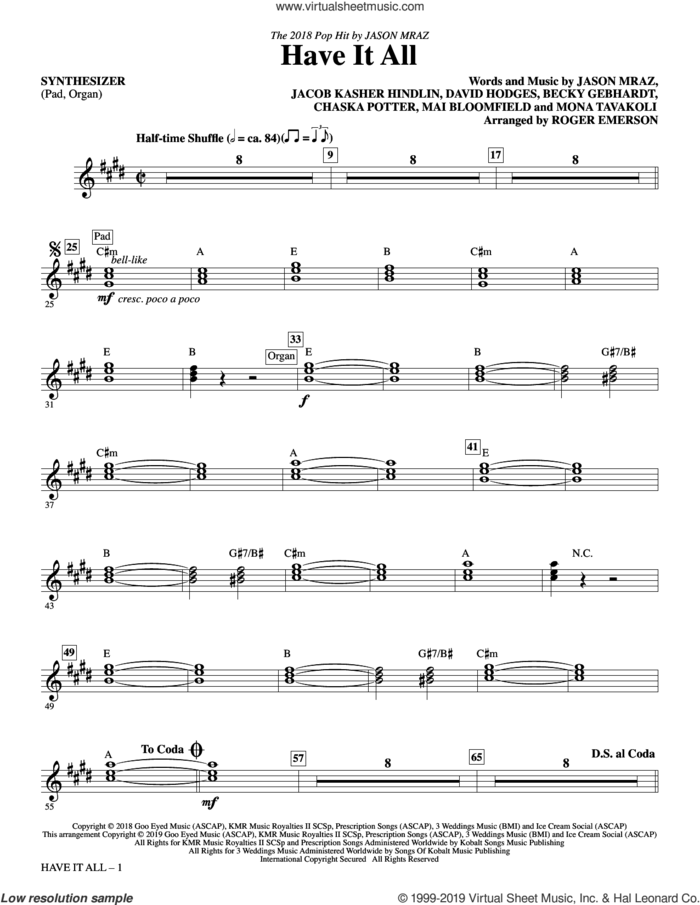 Have It All (arr. Roger Emerson) (complete set of parts) sheet music for orchestra/band by Roger Emerson, Becky Gebhardt, Chaska Potter, David Hodges, Jacob Kasher Hindlin, Jason Mraz, Mai Bloomfield and Mona Tavakoli, intermediate skill level