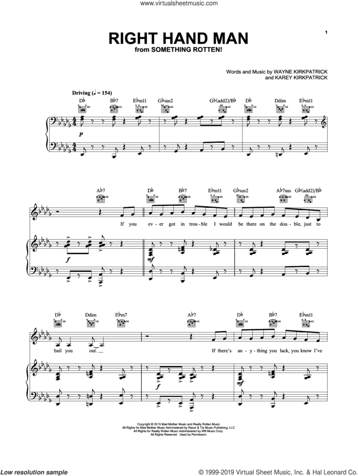 Right Hand Man (from Something Rotten!) sheet music for voice, piano or guitar by Wayne Kirkpatrick, Karey Kirkpatrick and Karey Kirkpatrick and Wayne Kirkpatrick, intermediate skill level