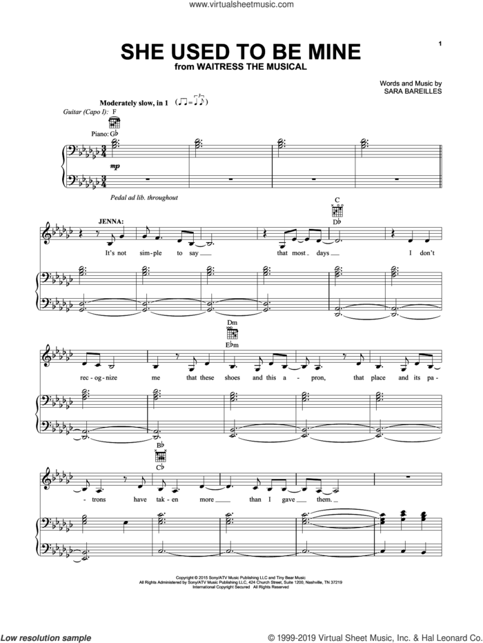 She Used To Be Mine (from Waitress the Musical) sheet music for voice, piano or guitar by Sara Bareilles, intermediate skill level