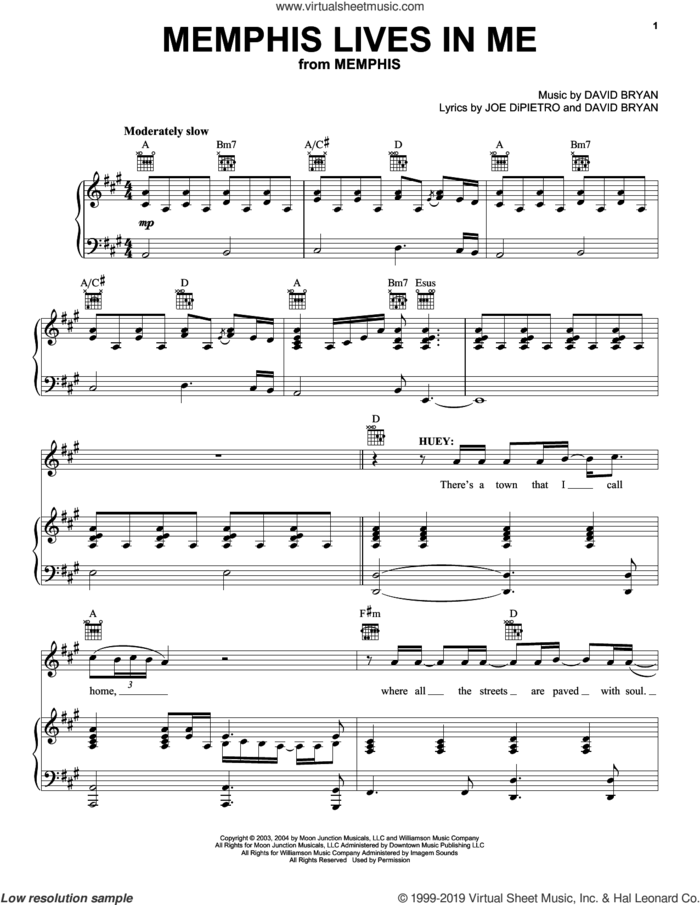 Memphis Lives In Me (from Memphis: A New Musical) sheet music for voice, piano or guitar by David Bryan, David Bryan and Joe DiPietro and Joe DiPietro, intermediate skill level