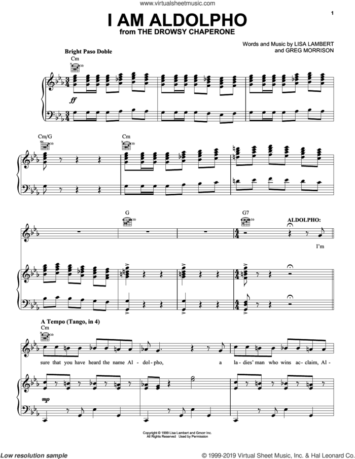 I Am Aldolpho (from The Drowsy Chaperone Musical) sheet music for voice, piano or guitar by Greg Morrison, Lisa Lambert and Lisa Lambert and Greg Morrison, intermediate skill level