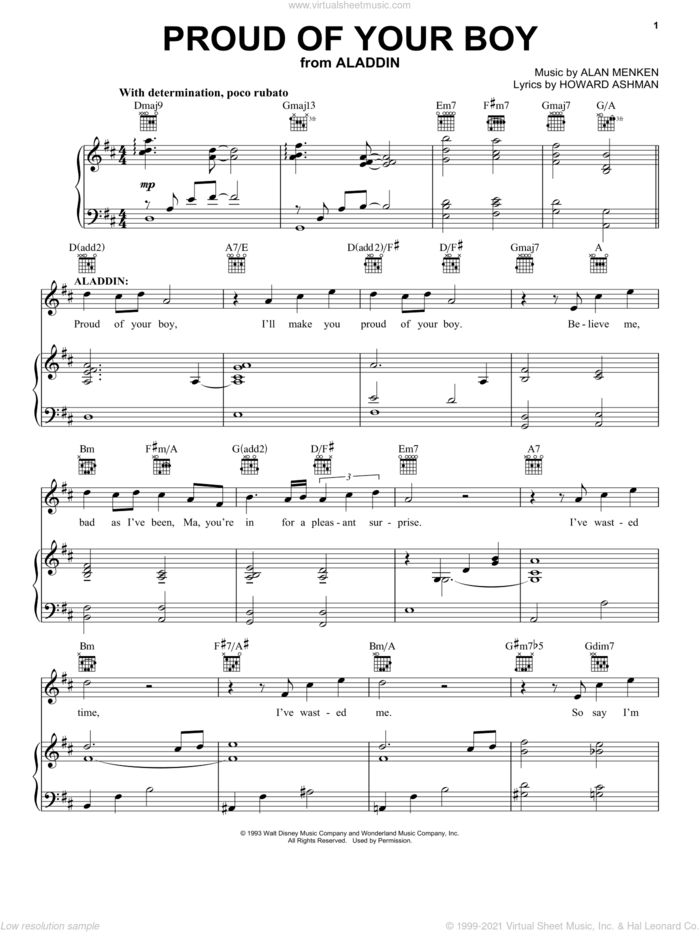 Proud Of Your Boy (from Aladdin: The Broadway Musical) sheet music for voice, piano or guitar by Alan Menken and Howard Ashman, intermediate skill level