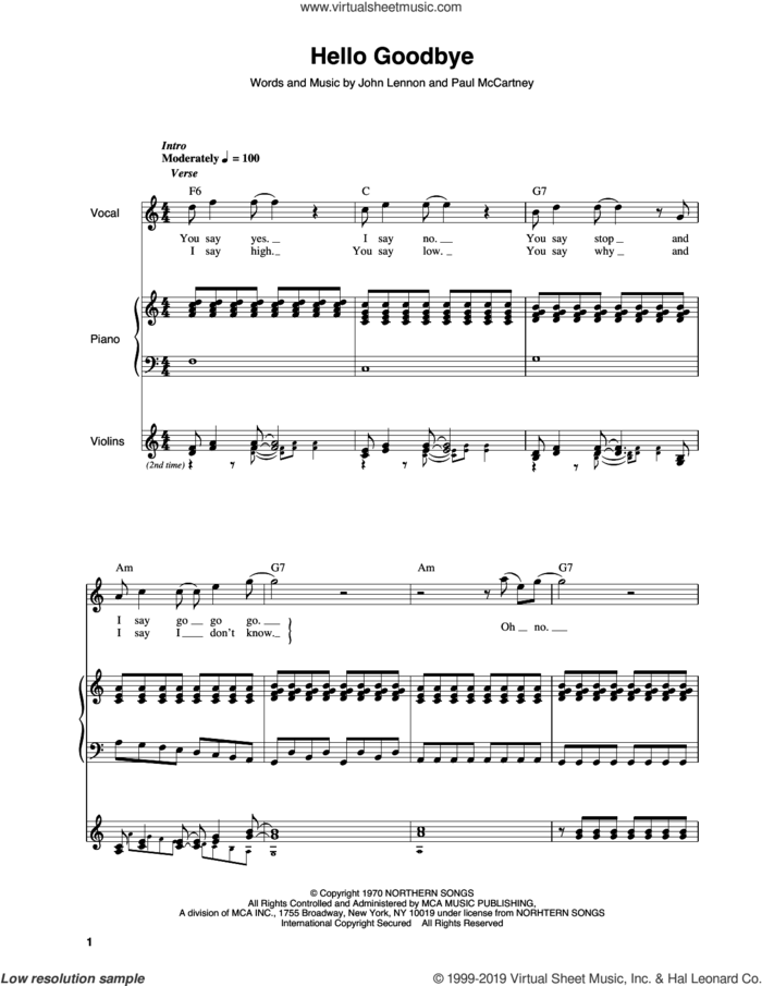 Hello, Goodbye sheet music for keyboard or piano by The Beatles, John Lennon and Paul McCartney, intermediate skill level