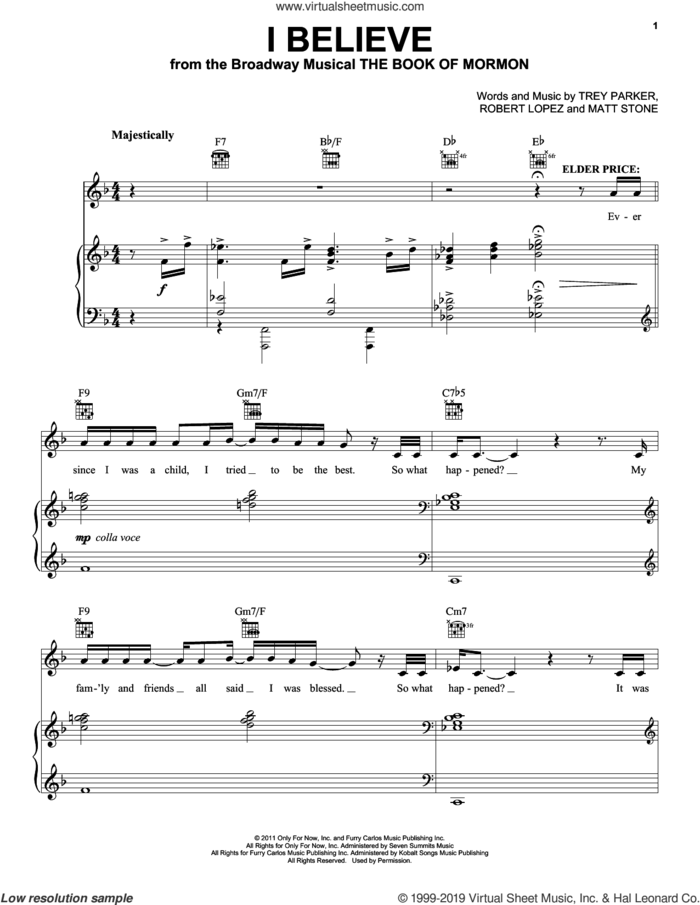 I Believe (from The Book of Mormon) sheet music for voice, piano or guitar by Robert Lopez, Matt Stone, Trey Parker and Trey Parker & Matt Stone, intermediate skill level