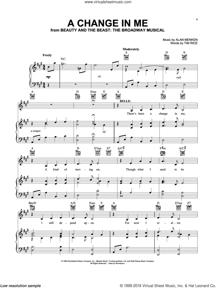 A Change In Me (from Beauty and the Beast: The Broadway Musical) sheet music for voice, piano or guitar by Alan Menken and Tim Rice, intermediate skill level