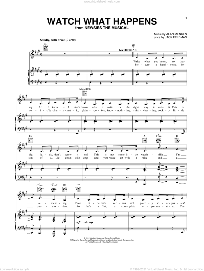 Watch What Happens (from Newsies: The Musical) sheet music for voice, piano or guitar by Kara Lindsay, Alan Menken and Jack Feldman, intermediate skill level