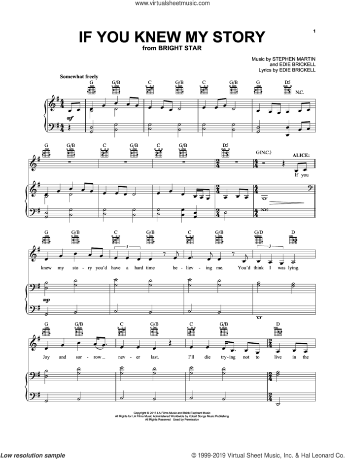 If You Knew My Story (from Bright Star Musical) sheet music for voice, piano or guitar by Carmen Cusack, Edie Brickell and Stephen Martin, intermediate skill level
