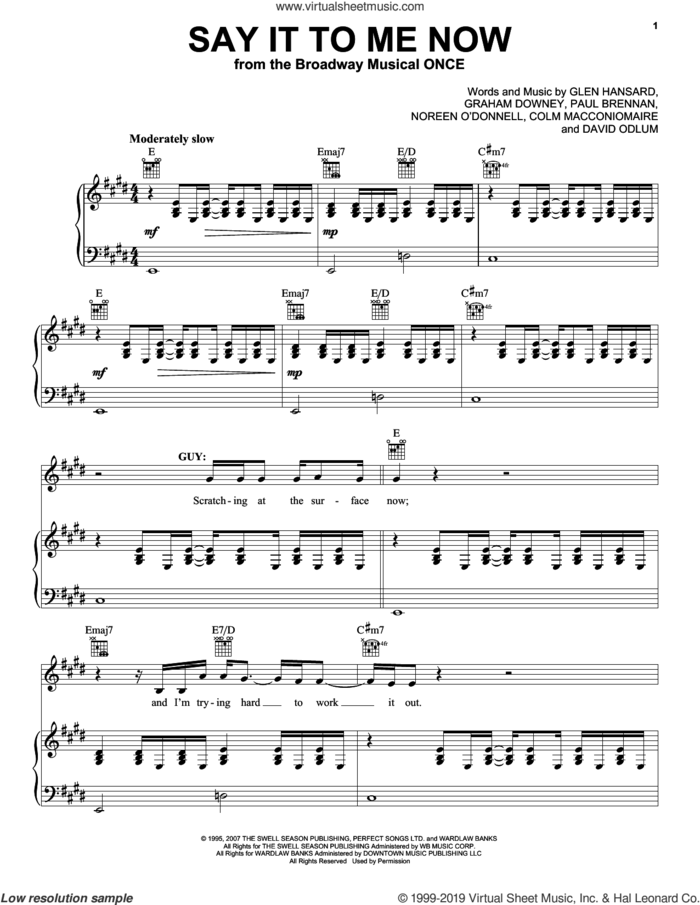 Say It To Me Now (from Once: A New Musical) sheet music for voice, piano or guitar by Steve Kazee, Colm Macconiomaire, David Odlum, Glen Hansard, Graham Downey and Paul Brennan, intermediate skill level