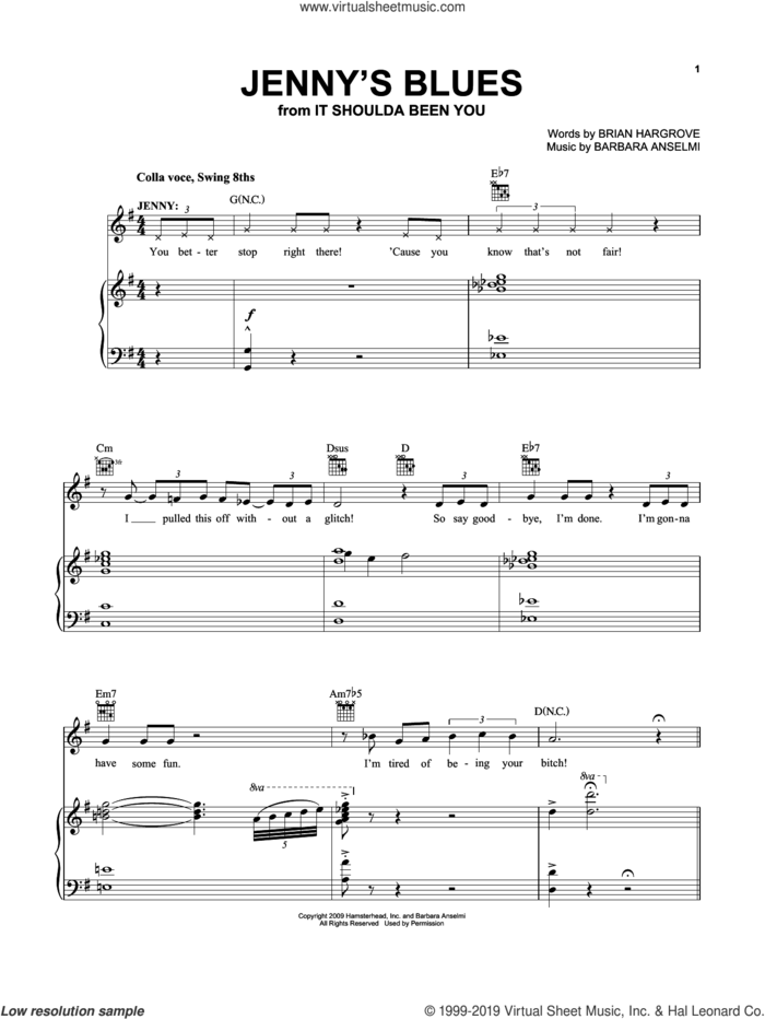 Jenny's Blues (from It Shoulda Been You) sheet music for voice, piano or guitar by Barbara Anselmi, Barbara Anselmi and Brian Hargrove and Brian Hargrove, intermediate skill level