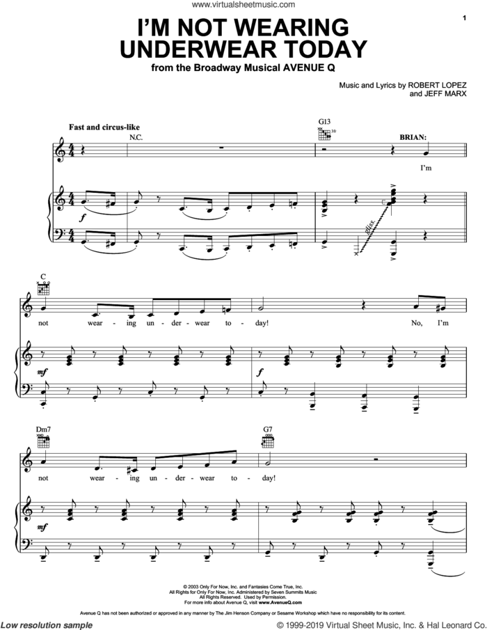I'm Not Wearing Underwear Today (from Avenue Q) sheet music for voice, piano or guitar by Robert Lopez, Jeff Marx and Jeff Marx and Robert Lopez, intermediate skill level