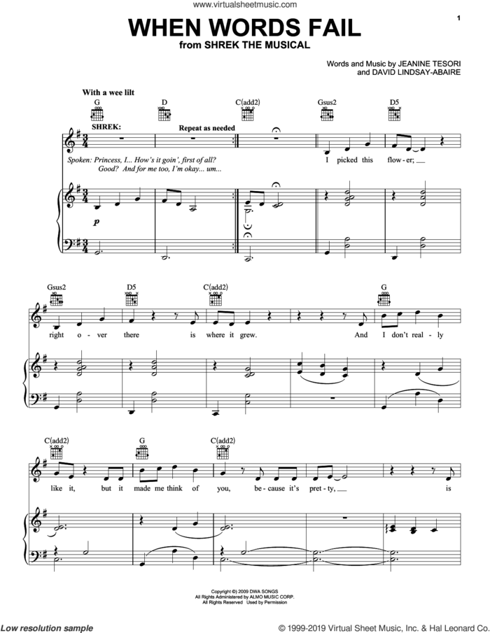When Words Fail (from Shrek The Musical) sheet music for voice, piano or guitar by Brian d'Arcy James, David Lindsay-Abaire and Jeanine Tesori, intermediate skill level