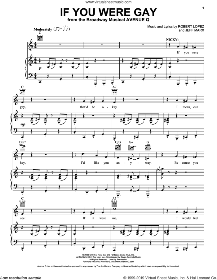 If You Were Gay (from Avenue Q) sheet music for voice, piano or guitar by Robert Lopez, Jeff Marx and Jeff Marx and Robert Lopez, intermediate skill level
