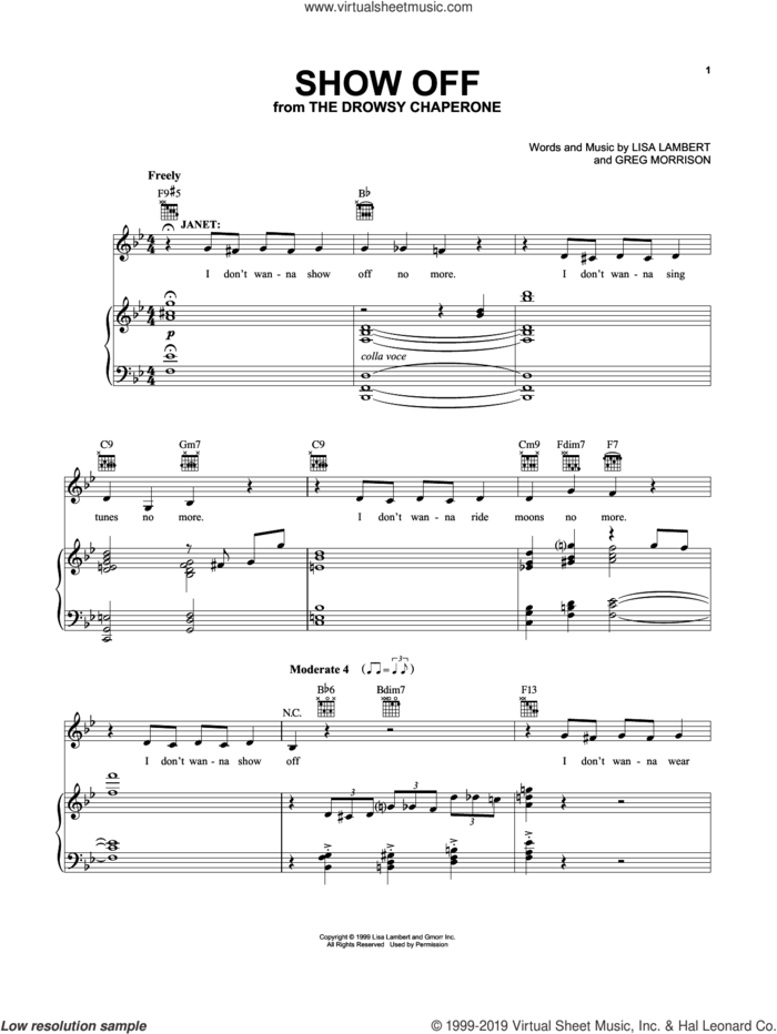 Show Off (from The Drowsy Chaperone Musical) sheet music for voice, piano or guitar by Greg Morrison, Lisa Lambert and Lisa Lambert and Greg Morrison, intermediate skill level