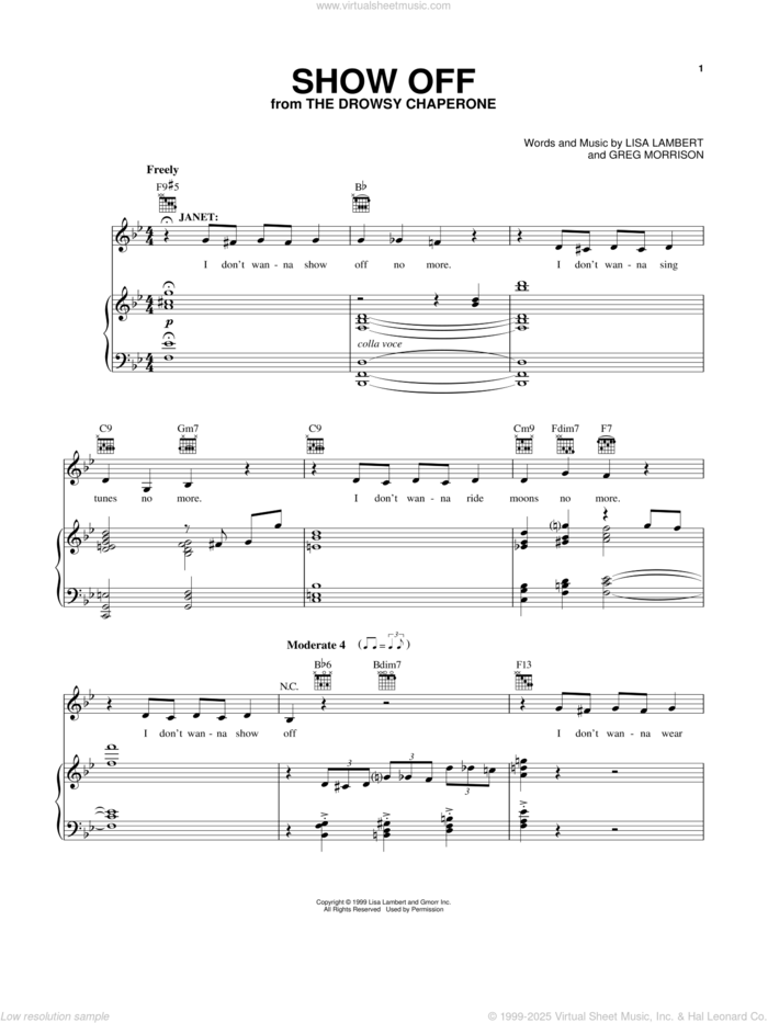 Show Off (from The Drowsy Chaperone Musical) sheet music for voice, piano or guitar by Greg Morrison, Lisa Lambert and Lisa Lambert and Greg Morrison, intermediate skill level