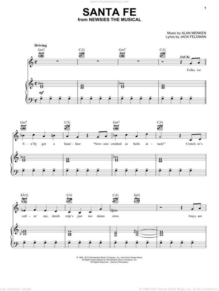 Santa Fe (from Newsies: The Musical) sheet music for voice, piano or guitar by Jeremy Jordan, Alan Menken and Jack Feldman, intermediate skill level