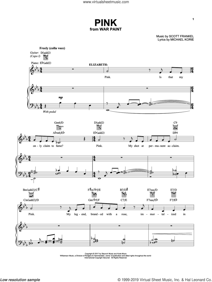 Pink (from War Paint) sheet music for voice, piano or guitar by Christine Ebersole, Michael Korie and Scott Frankel, intermediate skill level