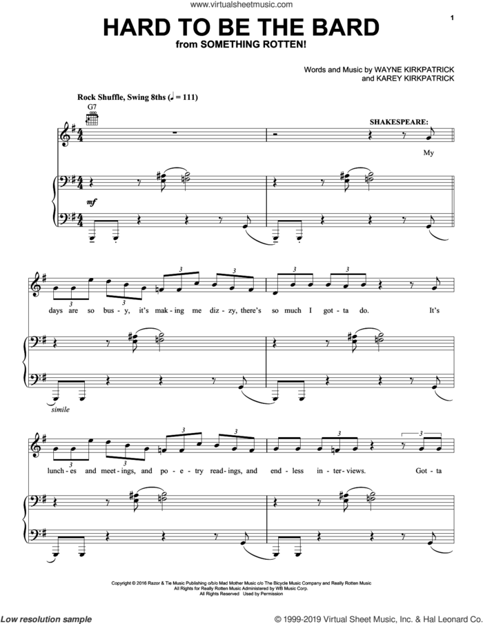 Hard To Be The Bard (from Something Rotten!) sheet music for voice, piano or guitar by Christian Borle, Karey Kirkpatrick and Wayne Kirkpatrick, intermediate skill level