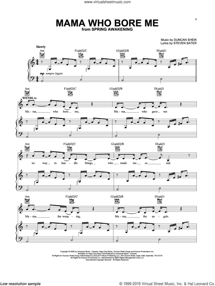 Mama Who Bore Me (from Spring Awakening) sheet music for voice, piano or guitar by Duncan Sheik, Duncan Sheik and Steven Sater and Steven Sater, intermediate skill level
