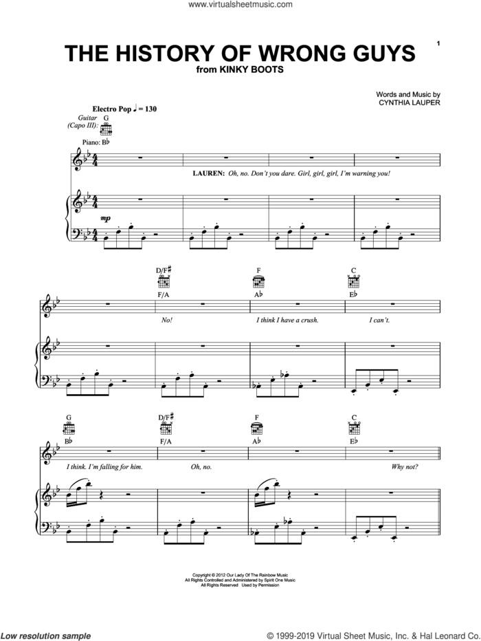 The History Of Wrong Guys (from Kinky Boots: The New Musical) sheet music for voice, piano or guitar by Annaleigh Ashford and Cynthia Lauper, intermediate skill level