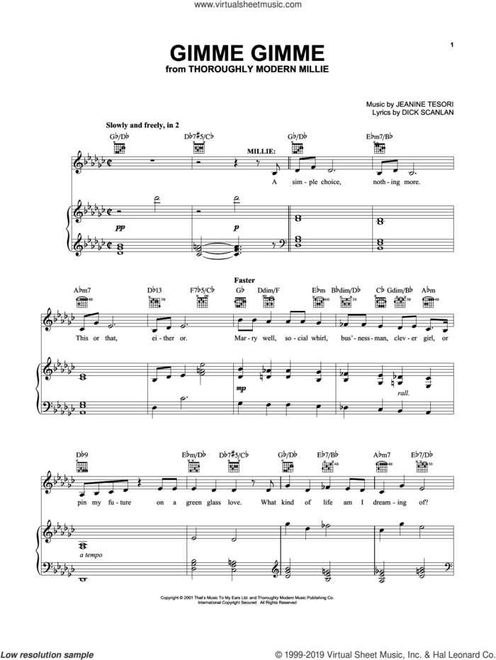 Gimme Gimme (from Thoroughly Modern Millie) sheet music for voice, piano or guitar by Sutton Foster, Dick Scanlan and Jeanine Tesori, intermediate skill level