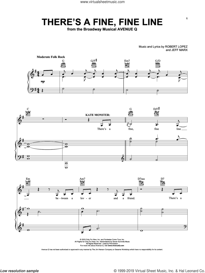 There's A Fine, Fine Line (from Avenue Q) sheet music for voice, piano or guitar by Robert Lopez, Jeff Marx and Jeff Marx and Robert Lopez, intermediate skill level
