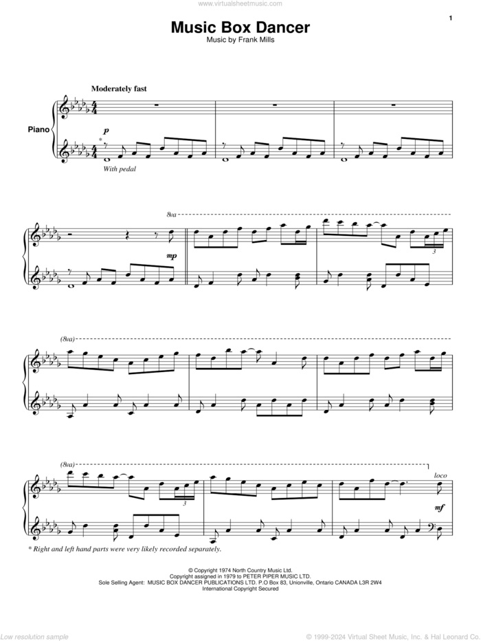 Music Box Dancer sheet music for keyboard or piano by Frank Mills, intermediate skill level