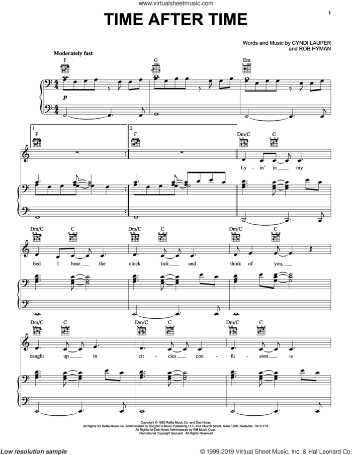 Time After Time sheet music for voice, piano or guitar by Cyndi Lauper and Rob Hyman, intermediate skill level