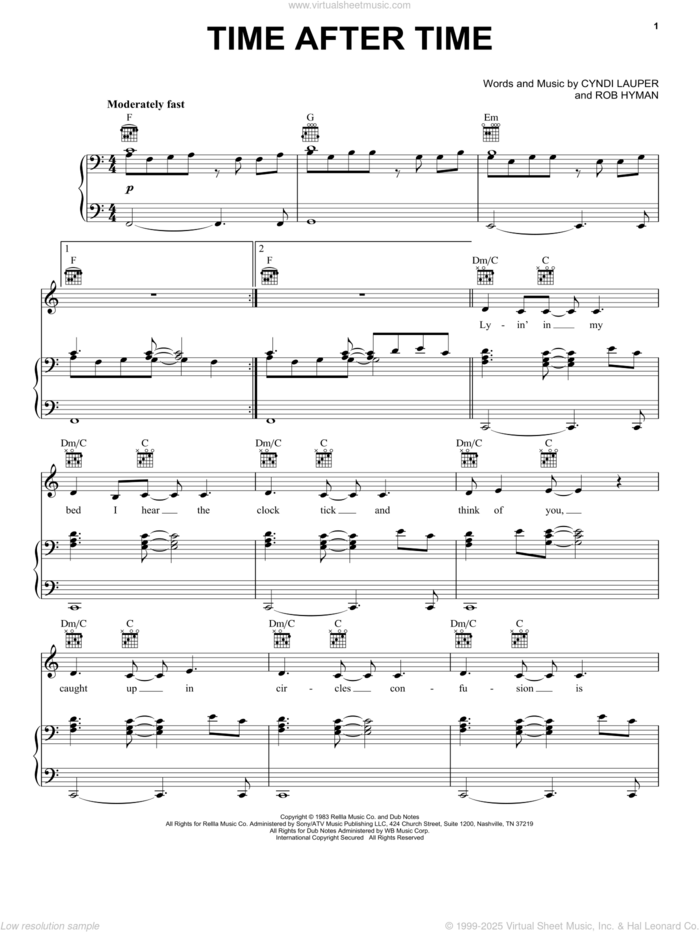 Time After Time sheet music for voice, piano or guitar by Cyndi Lauper and Rob Hyman, intermediate skill level