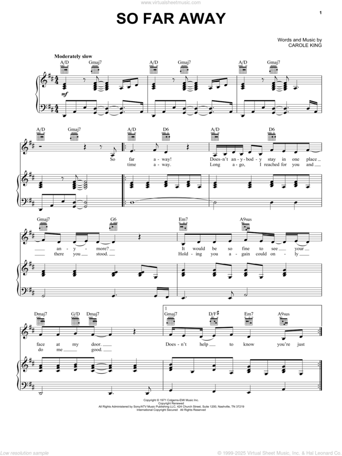 So Far Away sheet music for voice, piano or guitar by Carole King, intermediate skill level