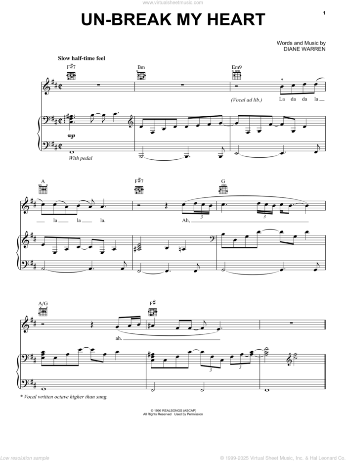 Un-break My Heart sheet music for voice, piano or guitar by Toni Braxton and Diane Warren, intermediate skill level