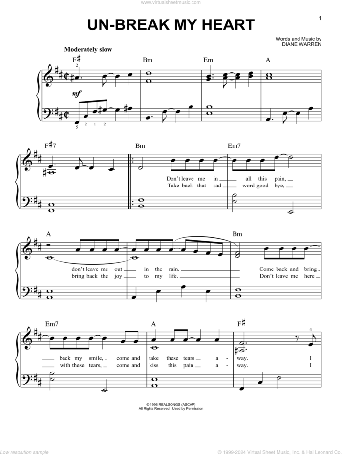 Un-break My Heart sheet music for piano solo by Toni Braxton and Diane Warren, easy skill level