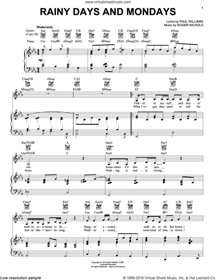 Rainy Days And Mondays sheet music for voice, piano or guitar by Paul Williams, Carpenters and Roger Nichols, intermediate skill level