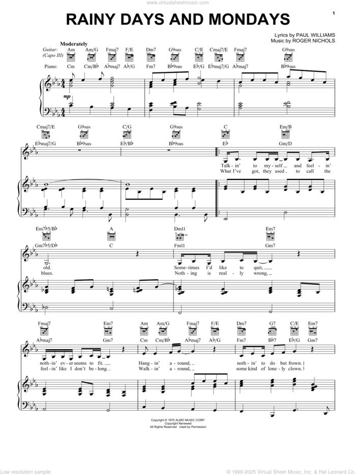 Paul Williams: Rainy Days And Mondays sheet music for voice, piano or ...