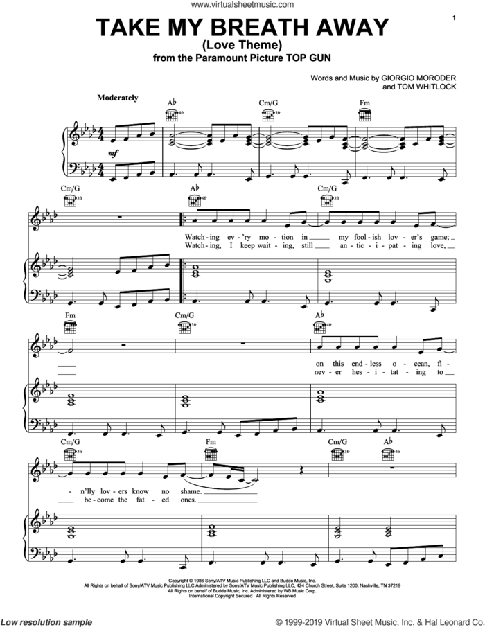 Take My Breath Away (Love Theme) (from Top Gun) sheet music for voice, piano or guitar by Giorgio Moroder, Irving Berlin and Tom Whitlock, intermediate skill level