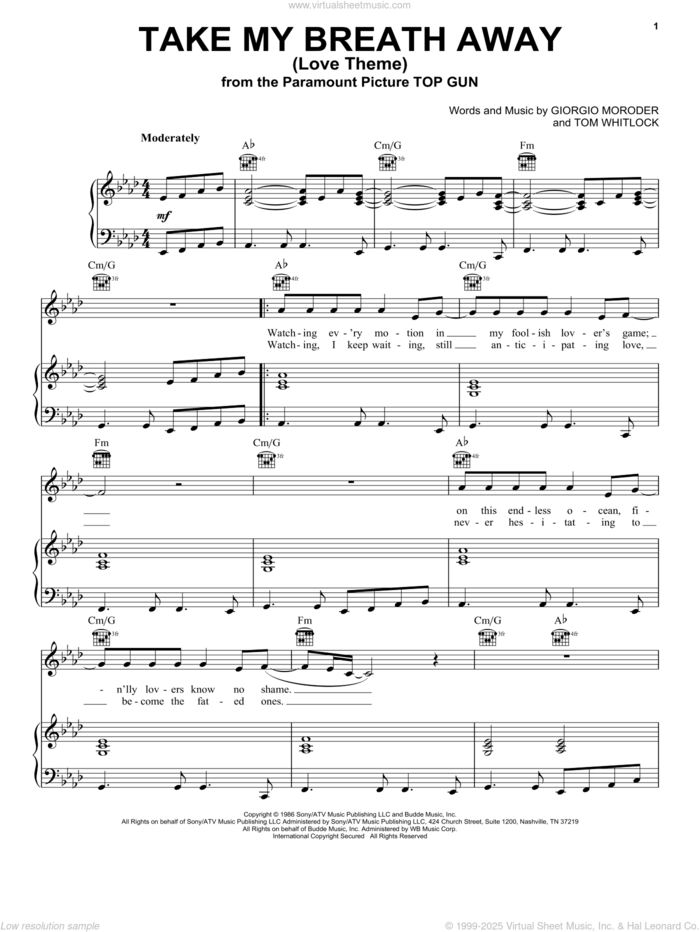 Take My Breath Away (Love Theme) (from Top Gun) sheet music for voice, piano or guitar by Giorgio Moroder, Irving Berlin and Tom Whitlock, intermediate skill level