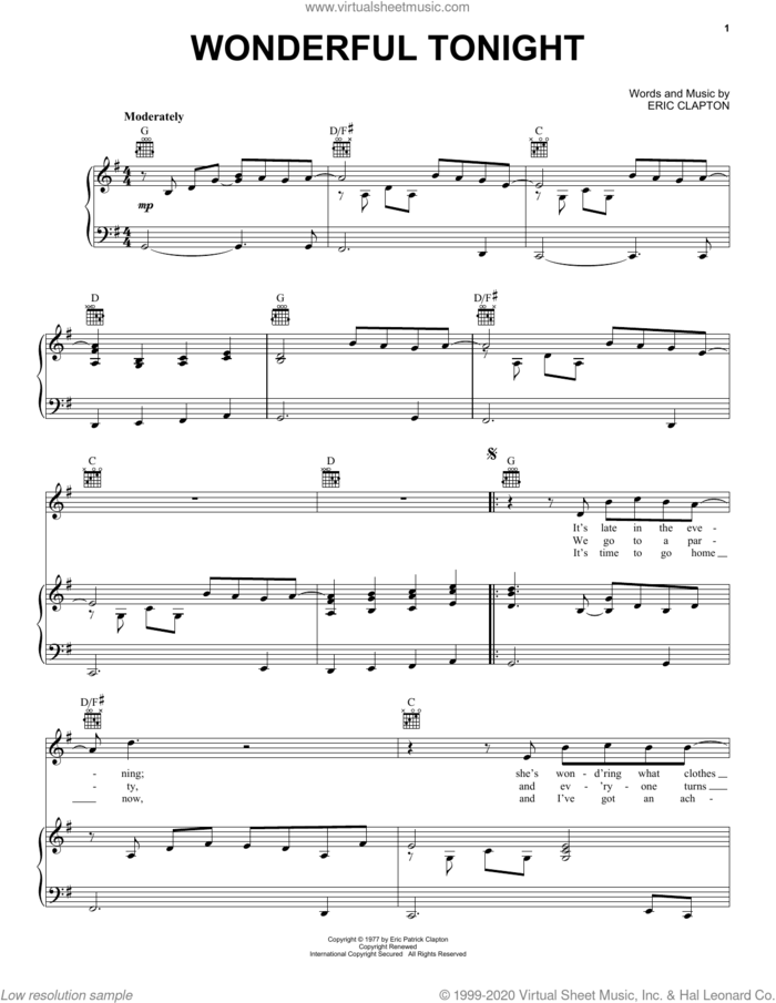 Wonderful Tonight sheet music for voice, piano or guitar by Eric Clapton, wedding score, intermediate skill level