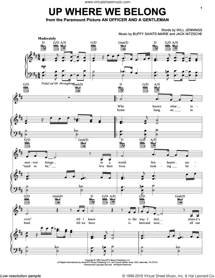 Up Where We Belong (from An Officer And A Gentleman) sheet music for voice, piano or guitar by Joe Cocker & Jennifer Warnes, Buffy Sainte-Marie, Jack Nitzche and Will Jennings, intermediate skill level