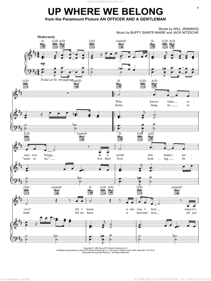 Up Where We Belong (from An Officer And A Gentleman) sheet music for voice, piano or guitar by Joe Cocker & Jennifer Warnes, Buffy Sainte-Marie, Jack Nitzche and Will Jennings, intermediate skill level