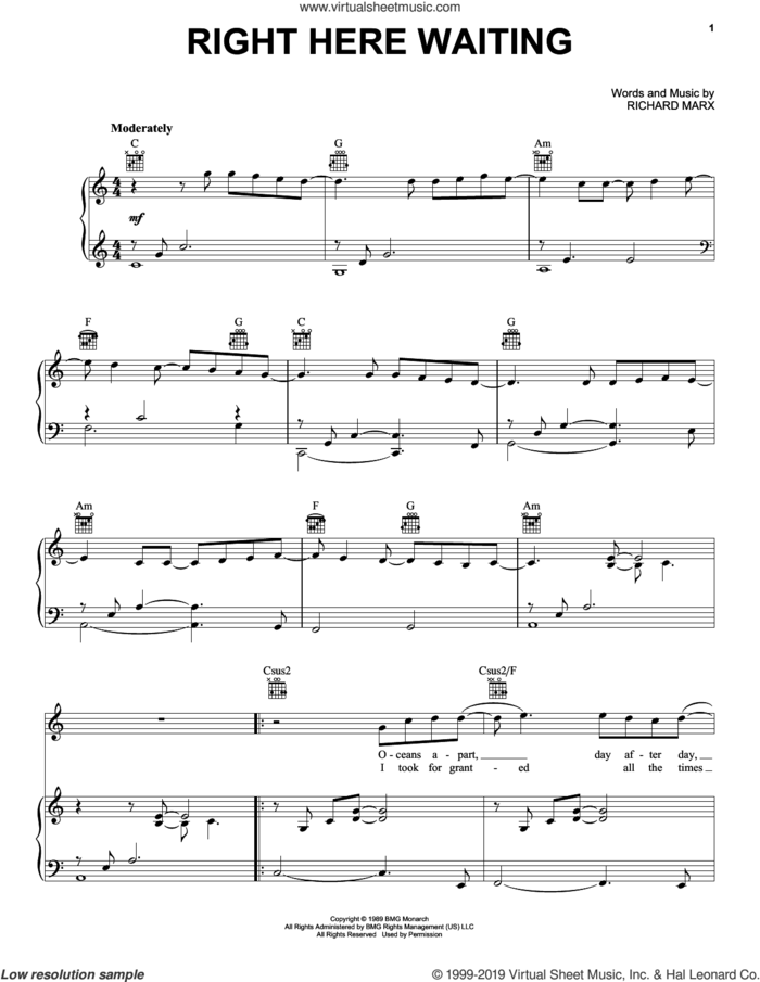 Right Here Waiting sheet music for voice, piano or guitar by Richard Marx, intermediate skill level