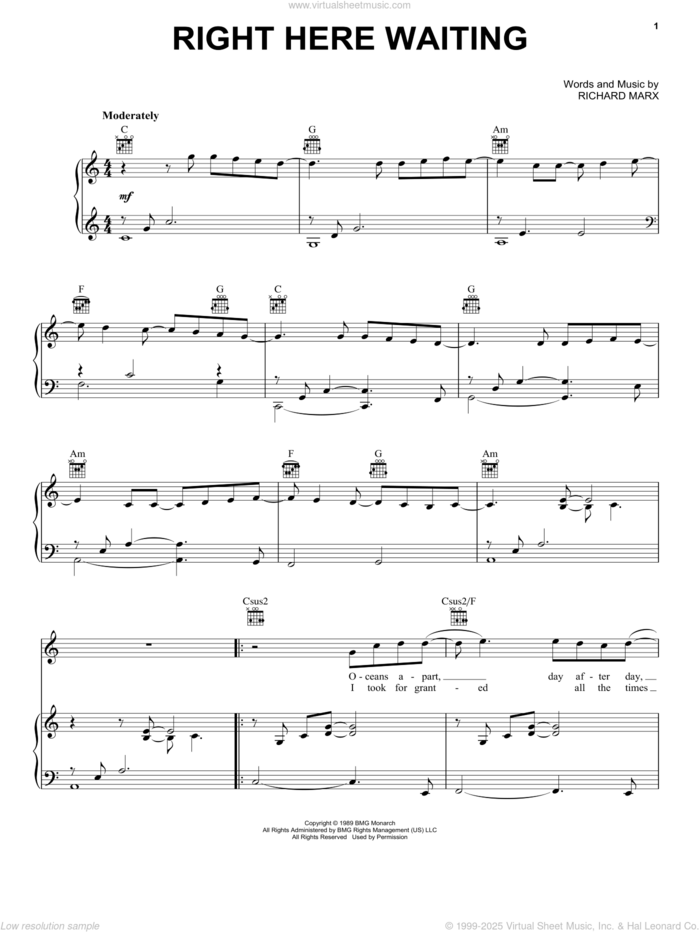 Right Here Waiting sheet music for voice, piano or guitar by Richard Marx, intermediate skill level