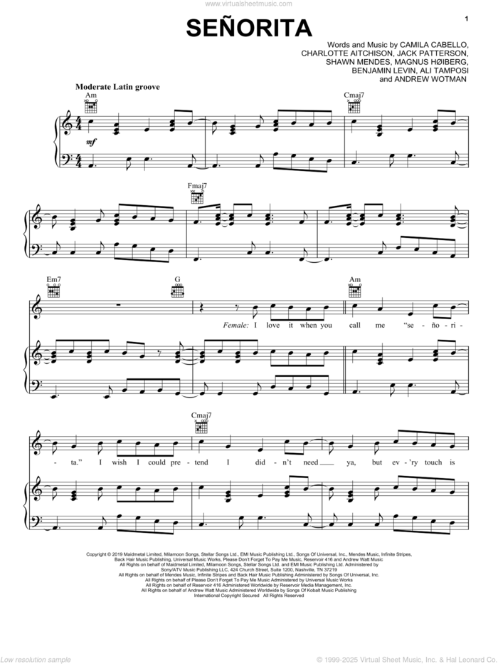 Senorita sheet music for voice, piano or guitar by Shawn Mendes & Camila Cabello, Ali Tamposi, Andrew Wotman, Benjamin Levin, Camila Cabello, Charlotte Aitchison, Jack Patterson, Magnus Hoiberg and Shawn Mendes, intermediate skill level