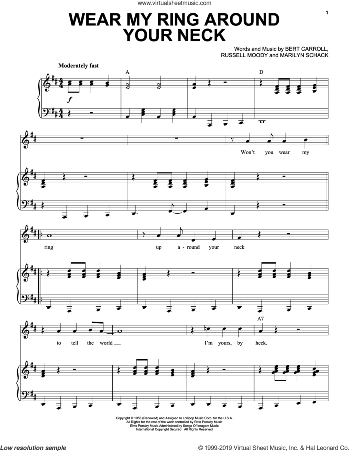Wear My Ring Around Your Neck sheet music for voice and piano by Elvis Presley, Bert Carroll, Marilyn Schack and Russell Moody, intermediate skill level