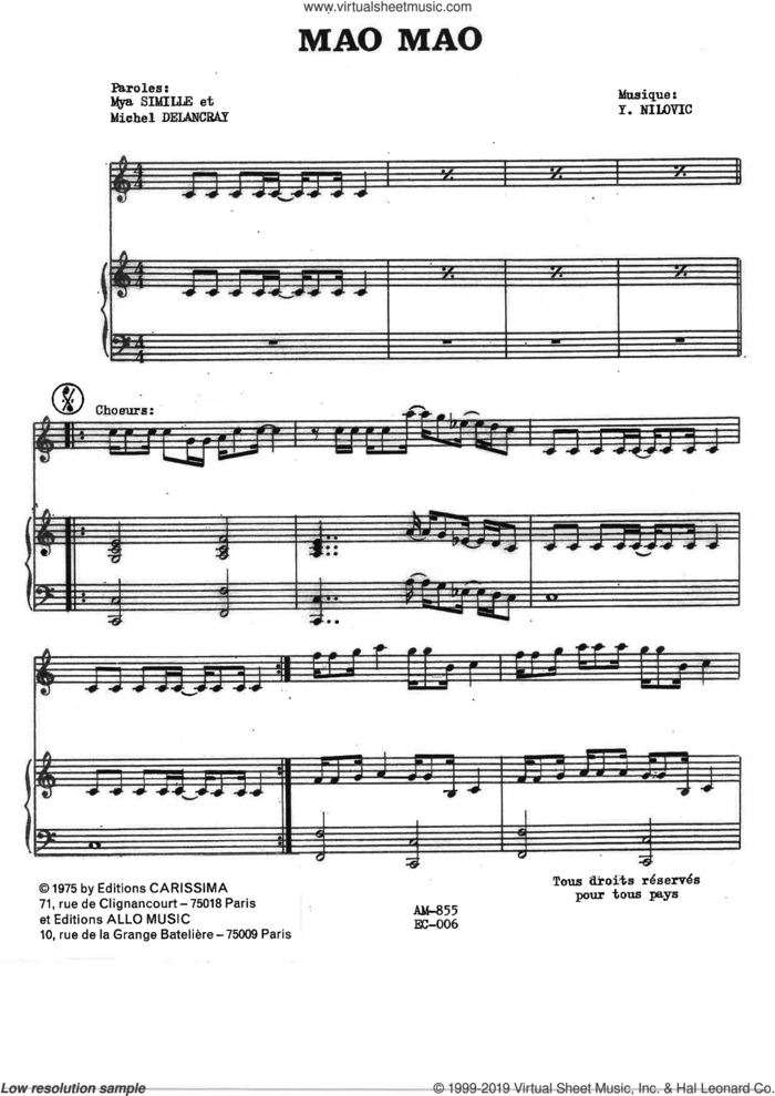 Mao Mao sheet music for voice and piano by Y. Nilovic, Michel Delancray and Mya Simille, classical score, intermediate skill level