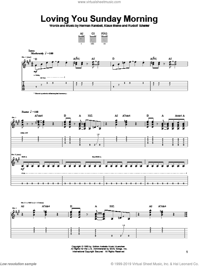 Loving You Sunday Morning sheet music for guitar (tablature) by Scorpions, Herman Rarebell, Klaus Meine and Rudolf Schenker, intermediate skill level