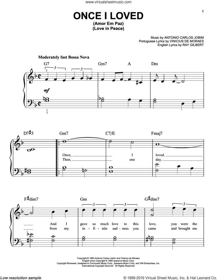 Once I Loved (Amor Em Paz) (Love In Peace) sheet music for piano solo by Antonio Carlos Jobim, beginner skill level