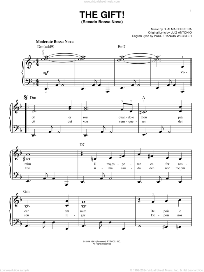 The Gift! (Recado Bossa Nova) sheet music for piano solo by Djalma Ferreira, Luiz Antonio and Paul Francis Webster, beginner skill level