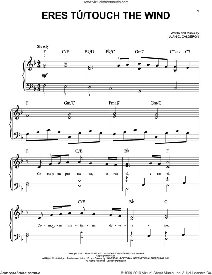 Eres Tu/Touch The Wind sheet music for piano solo by Mocedades and Juan C. Calderon, beginner skill level
