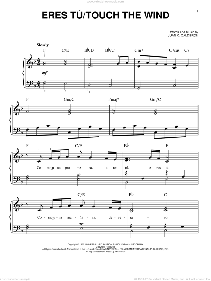 Eres Tu/Touch The Wind sheet music for piano solo by Mocedades and Juan C. Calderon, beginner skill level