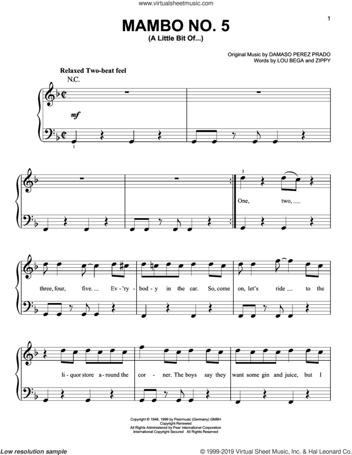 Mambo No. 5 (A Little Bit Of...), (beginner) sheet music for piano solo by Lou Bega, Damaso Perez Prado and Zippy, beginner skill level