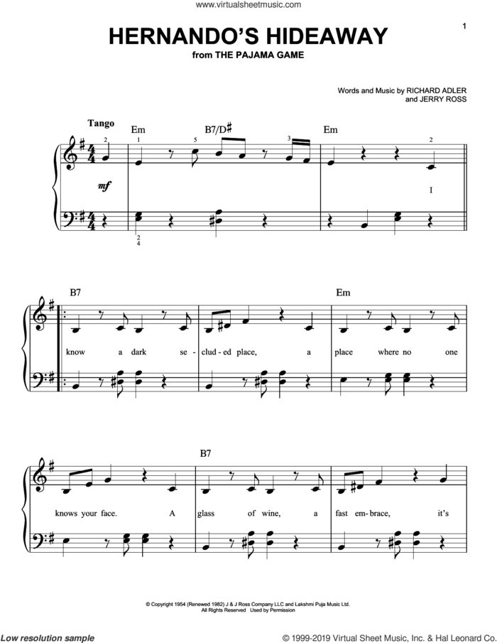 Hernando's Hideaway sheet music for piano solo by Richard Adler and Jerry Ross, beginner skill level